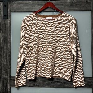 H by Halston Brown and White Geometric Sweater Women's L Teacher Office